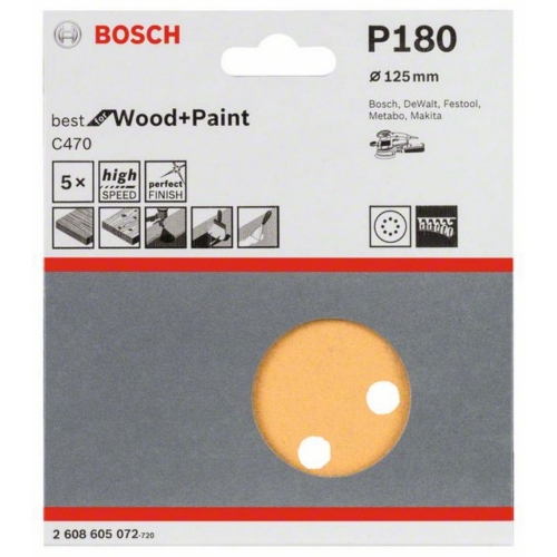 Hoja de lija C470, paquete de 5 uds. 125 mm 180 Bosch 605072